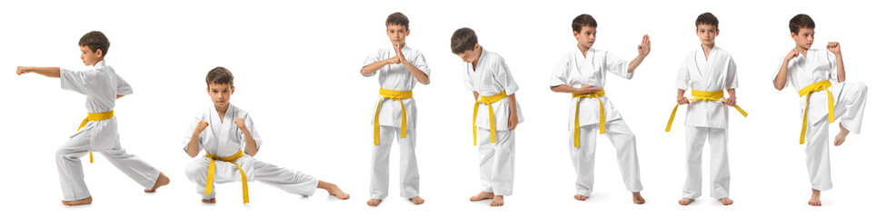 Little boy practicing karate on white background - obrazy, fototapety, plakaty