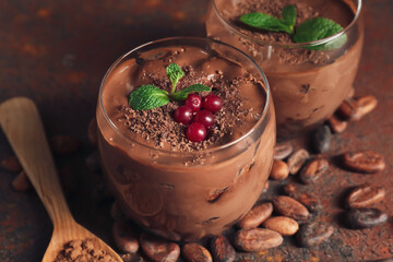Glasses of sweet cocoa dessert on color background