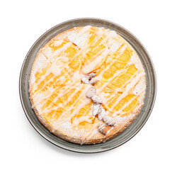 Tasty citrus cake with oranges on white background