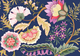 Fantasiebloemen in retro, vintage, jacobean-borduurstijl. Naadloos patroon op blauwe denimachtergrond. Vector illustratie.