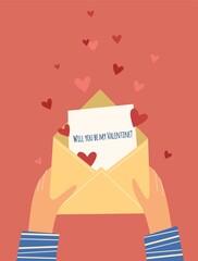 A romantic message in an envelope Valentine's day card. Vector illustration in a flat style. Love letter with hearts