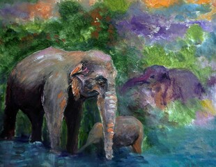 Art painting Oil color Elephant family thailand , nature 