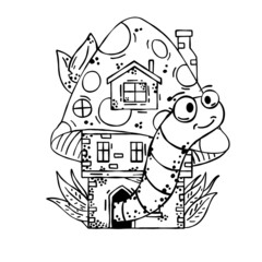 Mushroom house with funny caterpillar. Fairy tale children drawing. Fabulous natural dwelling with cute worm. Fun coloring book