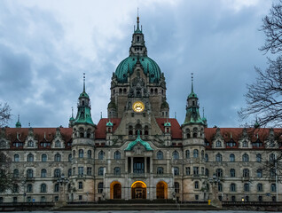 Fototapeta na wymiar Hanover - Germany - December 2016 – View of the New Town Hall (Neues Rathaus), a castle-like building outside of the historic city center, housing businesses and the registry office