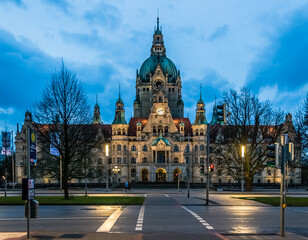 Fototapeta na wymiar Hanover - Germany - December 2016 – View of the New Town Hall (Neues Rathaus), a castle-like building outside of the historic city center, housing businesses and the registry office