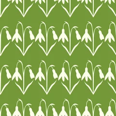Gordijnen Witte sneeuwklokjes op groen naadloos patroon © DELYRICA