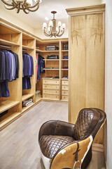 Stylish walk in closet with furniture of maple solid and veneer wood for clothes storage with crown molding in apartment