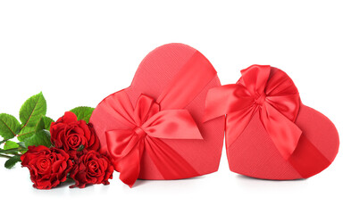 Gift boxes for Valentine's Day and roses on white background