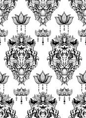 Vector seamless pattern with silhouette of a tiger head with a floral ornament. Texture with black contour of roar formidable predator with lotus and feather. Tracery symbol of the eastern new year.