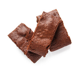 Pieces of tasty chocolate brownie isolated on white background