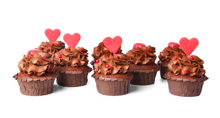 Tasty chocolate cupcakes for Valentine's day on white background