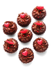 Tasty chocolate cupcakes for Valentine's day on white background