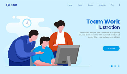 Business team work landing page website. Partner brainstorming, startup, collaboration illustration flat vector template