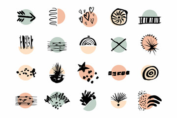 Set of various vector highlight covers. Abstract backgrounds. Various shapes, lines, spots, dots, leaves, floral, doodle objects. Hand drawn templates. Round icons for social media stories.