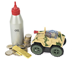 Tank silver coins gold and oil. economy and war relation concept isolated on white background.