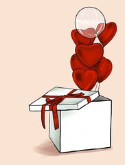 Balloons in the shape of hearts fly out of a gift box with a red ribbon. Illustration for postcards for Christmas, New Year or Valentine's Day or for other holidays