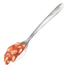 A spoon with caramel and peanuts. Watercolor illustration. Isolated on a white background.For design