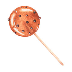 Caramel lollipop on a stick. Watercolor illustration. Isolated on a white background. For design.