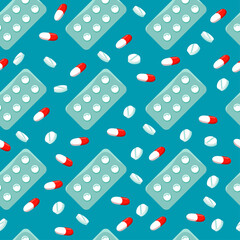 Medicines and pills on a blue background.Vector seamless pattern.