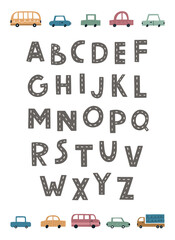 Track road alphabet. A set of cute hand drawn cars. Vector illustration in a flat cartoon style. Suitable for nursery posters, greeting cards, room decor, T-shirt print