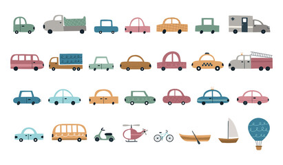 A big set of cute cars. Cartoon hand drawn transport. Truck, taxi, ambulance, police car, fire truck, bus, boat, sailboat, balloon, scooter, bicycle, helicopter. Vector illustration in a flat style © Victoria Guzeeva