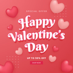 Happy valentine's day sale poster or banner with many sweet heart on pink red background