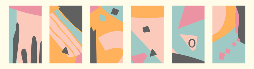 Vertical isolated background Set 6 in 1. Abstract organic backgrounds 16x9. Various shapes, wavy doodle objects. Contemporary modern set for social media, booklet, banner, web sites. Stock vector