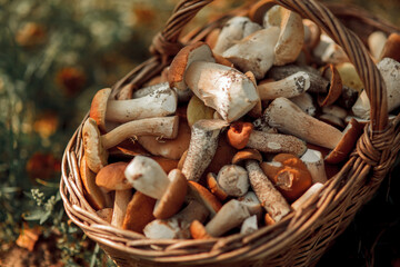 Basket of forest mushrooms (porcini, boletus, birch bolete)