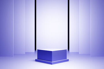 3d illustration of a purple square podium under white light on a purple background. 3d rendering. Geometric minimalism background