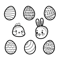 Doodle Easter. Easter eggs and rabbit. Black and white line art holiday. Hand drawn bunny and chicken. Stock vector set illustration on a white background.