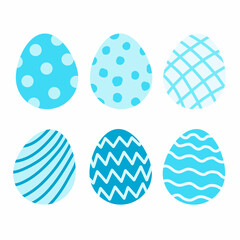 Easter eggs. Blue painted eggs. Colored stripes, dots, waves on a flat illustration. Collection of azure Easter ornaments.
