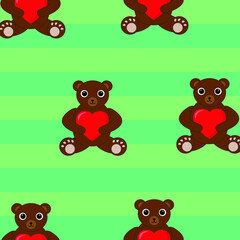 Seamless pattern of cartoon bears on a striped background. cute toy teddy bears pattern, design for kids
