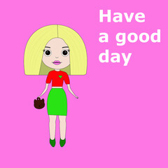 Cartoon doll with blond hair and a funny bag on a monochrome background. cute little doll princess, design for children. Have a good day