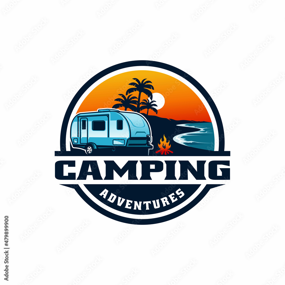 Wall mural camper trailer, caravan trailer camping in the beach illustration vector