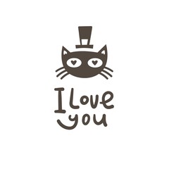 Valentine's day card with cute cartoon logo with cat. Funny festive print. Doodle holiday tattoo.