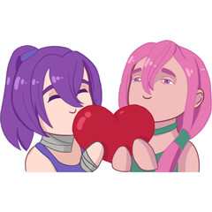 Girls with heart, Two girls with purple and pink hairstyles holding a heart