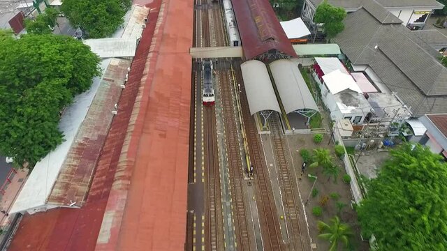Aerial shot of train station, railroads, oil train for mining industry