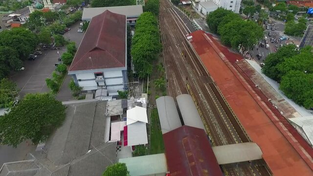 Aerial shot of train station and railroads