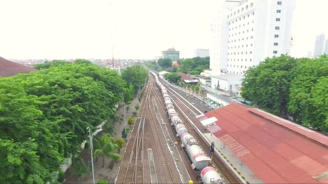 Aerial Shot of a Long Oil and Gasoline Train Delivery