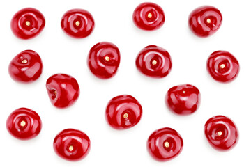 red cherry isolated on white background. clipping path. top view
