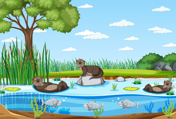 Obraz na płótnie Canvas River in the forest with otters cartoon