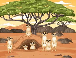 Desert background with a group of meerkats