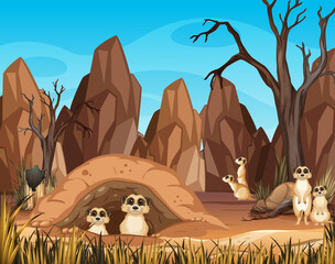 Desert scene with cute little meerkats