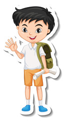 Asian student boy waving hand pose cartoon character sticker