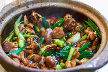 A pot of delicious authentic traditional Cantonese dishes in chilipot, chicken mixed in chilipot