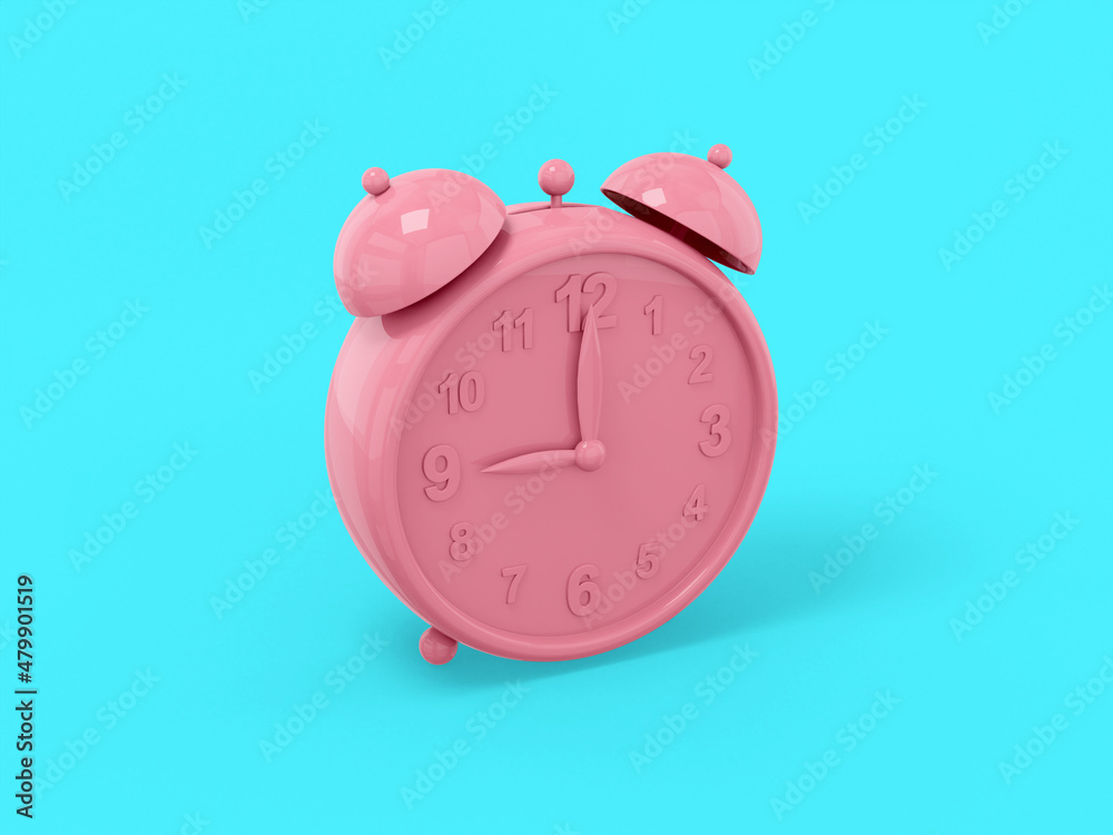 Poster pink one color alarm clock on a blue flat background. minimalistic design object. 3d rendering icon 