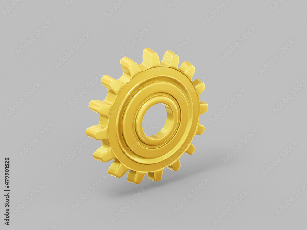 Poster gold one color cog on gray flat background. minimalistic design object. 3d rendering icon ui ux inte
