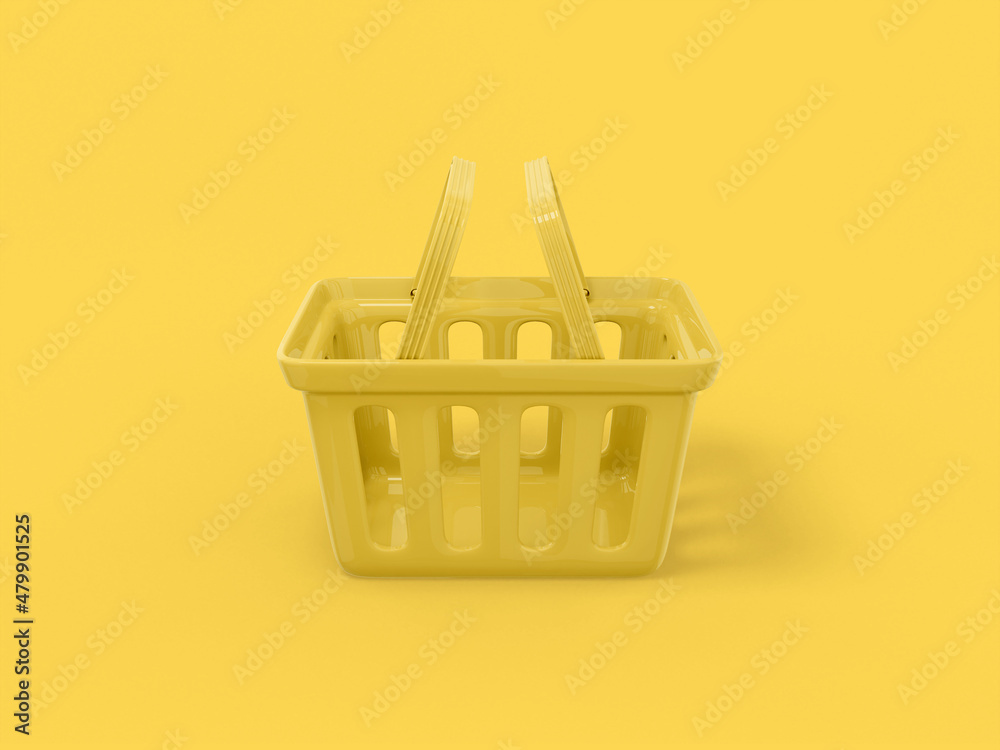 Poster yellow one color shopping hand cart on yellow flat background. minimalistic design object. 3d render