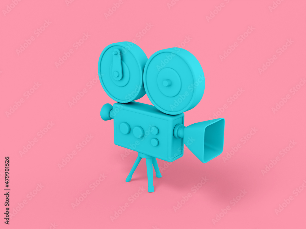 Poster blue single color retro video camera on a pink monochrome background. minimalistic design object. 3d