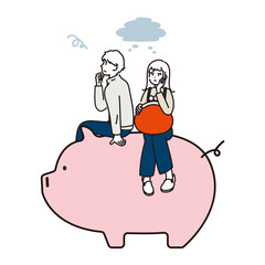 お金の心配をするカップルのイラスト素材